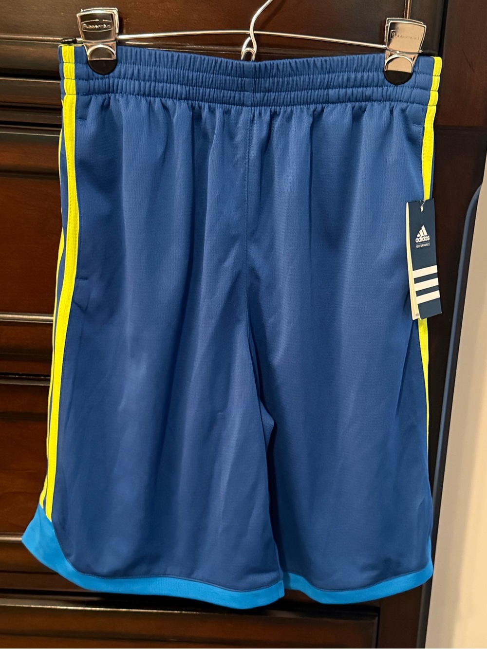 adidas Men’s Blue Athletic Shorts with Yellow Side Trim